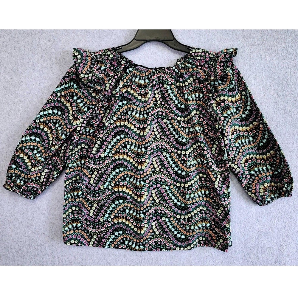 LOFT Petites Black Floral Ruffle Shoulder Blouse 3/4 Sleeve Back Tie Top SP‎